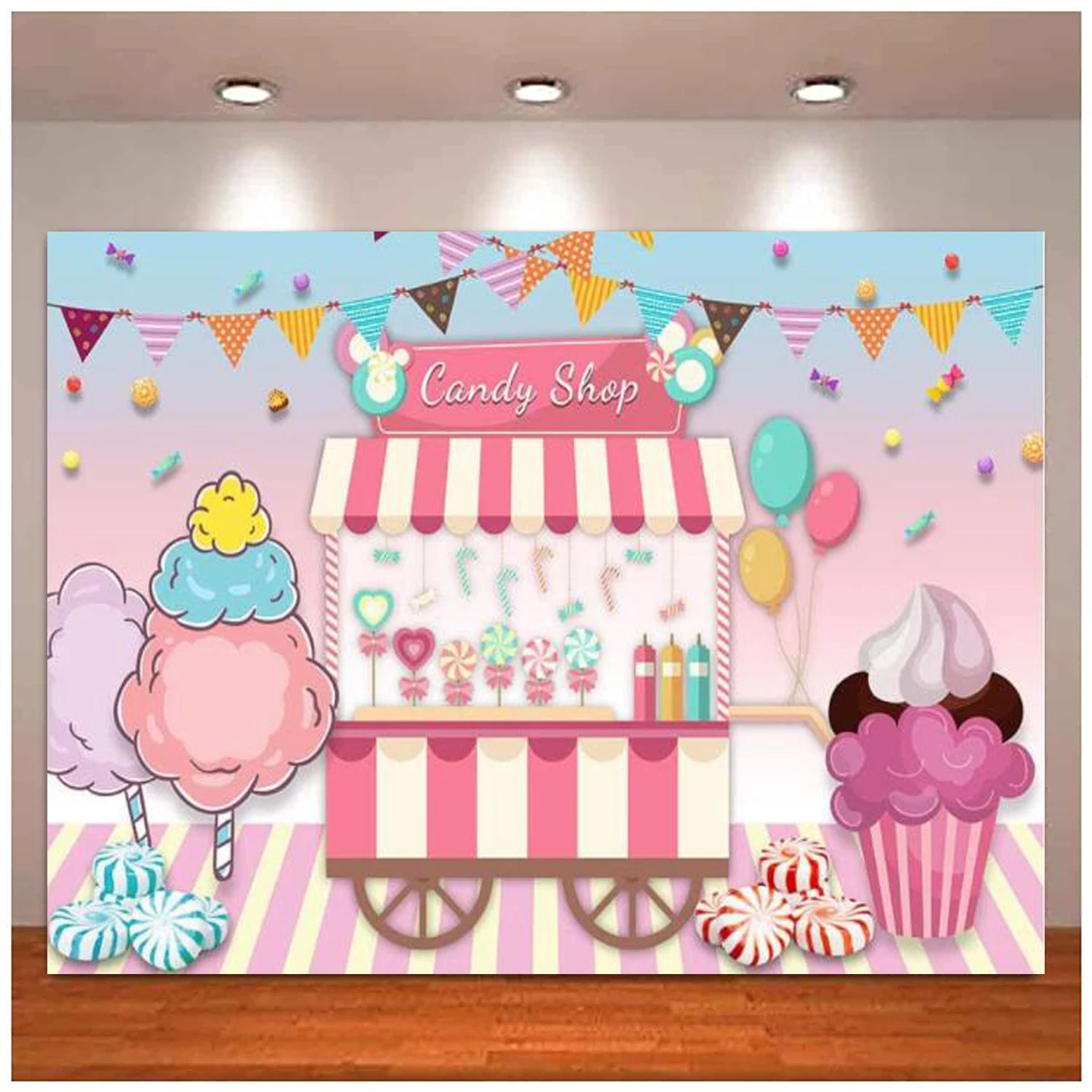 

Конфеты Девочка День Рождения Вечеринка розовый фотография Фон сладкий леденец магазин лед Фотофон воздушный шар стол десерт
