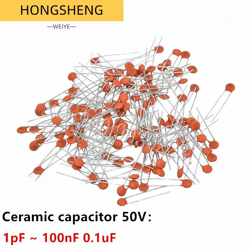 

100pcs Ceramic capacitor 50V 1pF ~ 100nF 0.1uF 104 4.7PF 10PF 22PF 33PF 47PF 100PF 101 220PF 221 330PF 470PF 1NF 103 47NF 473