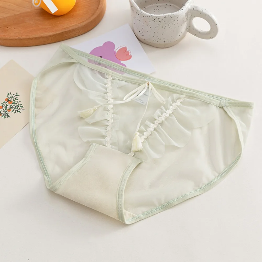 

Breathable Lingeries For Girls Ribbon Bow Lace Mid-waist Sweet Briefs Ice Silk Women Lace Panties Korean Underwear