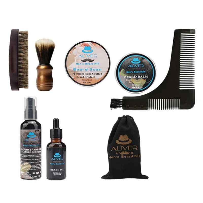 

ALIVER Beard Grooming Beard Growth Kit With Bristle Brush Beard Mustache Wax Beard Growth Oil Comb Shampoo Beard Care Set