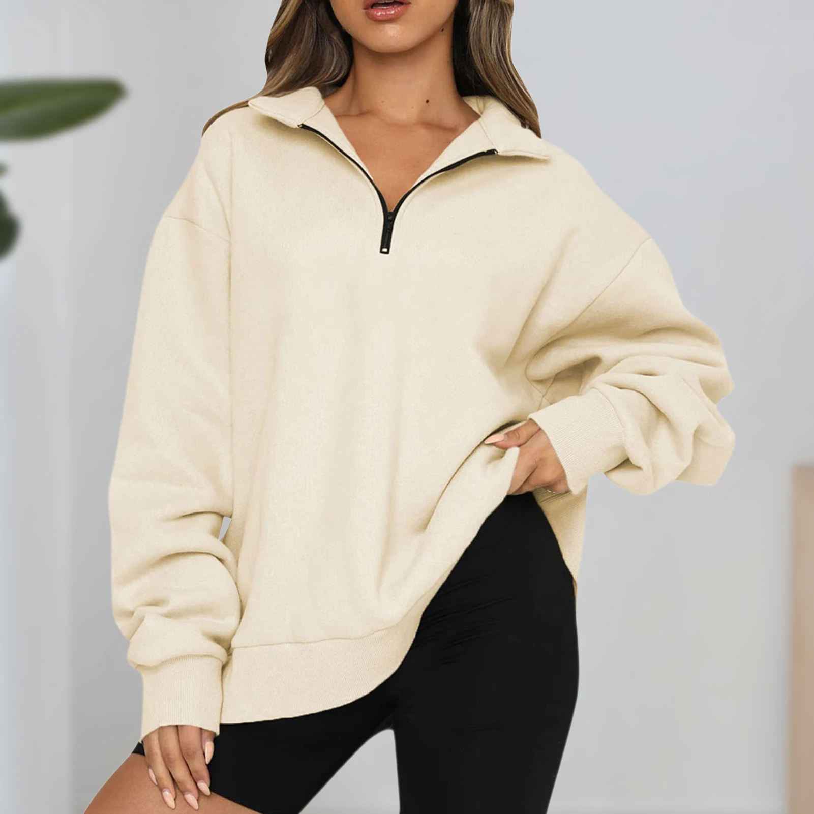 

Long Sleeve Sweatshirt Women 2023 Oversized Pullover Turn Down Collar Ladies Solid Color Sweater Casual Half Zip Sports Suits
