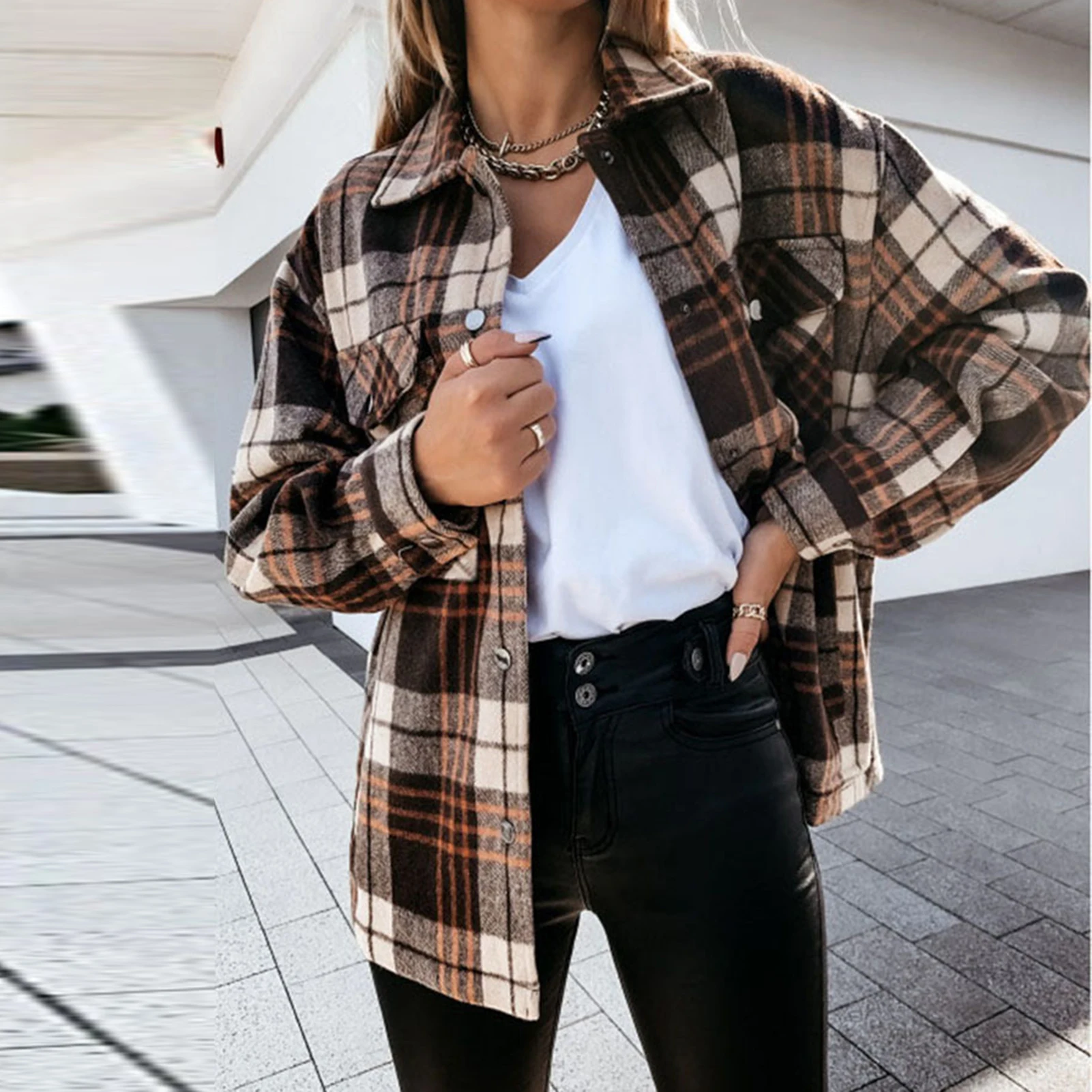 

Women Baggy Check Tee Shirt Single Breasted Ladies Shirt Blouses with Pocket Long Sleeve Loose Fit Jackets Retro Daily Tops Coat