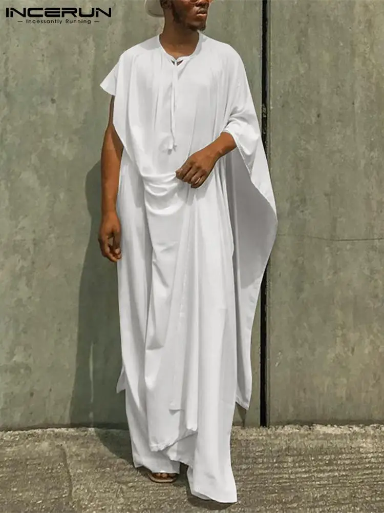 INCERUN-conjuntos musulmanes para hombres, ropa de calle de Color sólido, bufanda con cordones, caftán Irregular y pantalones, trajes informales islámicos árabes, S-5XL, 2022