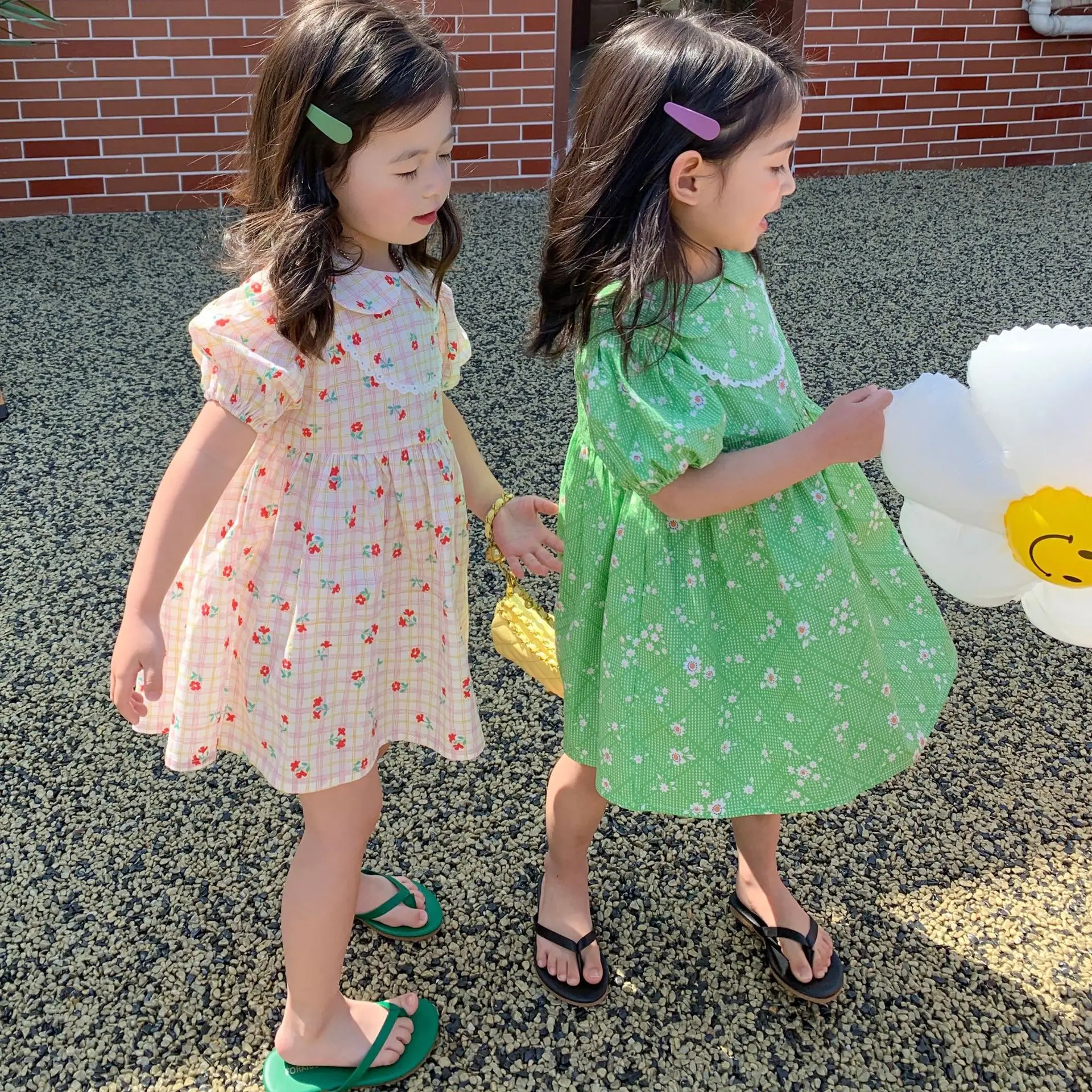 

2022 Kids Clothes Girls' Floral Puff Sleeve Dress Summer New Lapel Dress