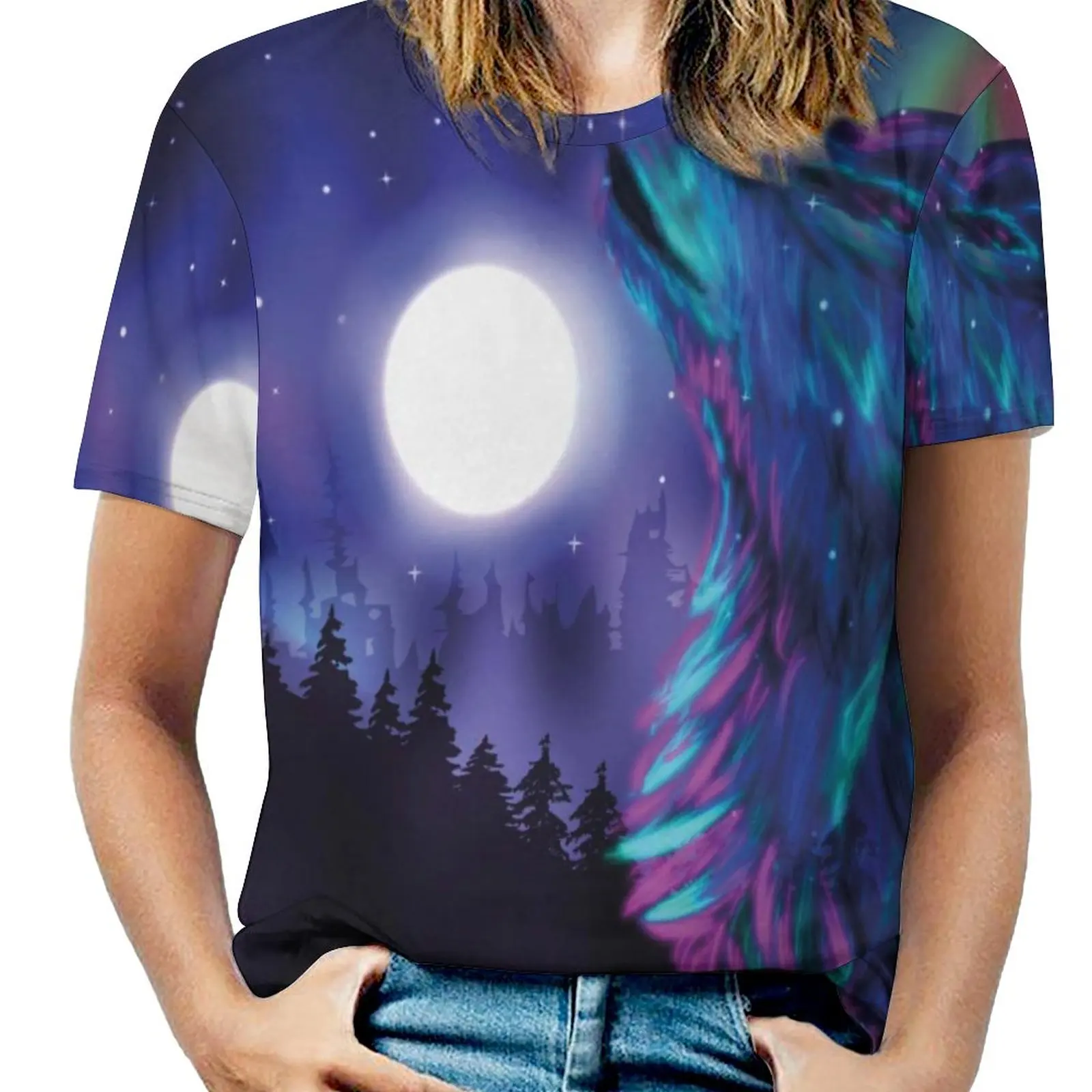 

Northern Imagery with Aurora Borealis Wolf Spirit Forest Starry Night Creative Fitness T-shirt Harajuku Sports Sarcastic T-shi