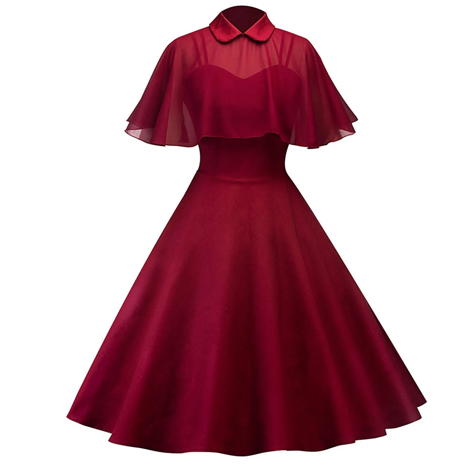 

Vintage Gorgeous Chiffon Doll Collar Party Dress Women Elegant Big Swing Dress Gothic Mesh Cloak Dress Solid Color Daily Wear