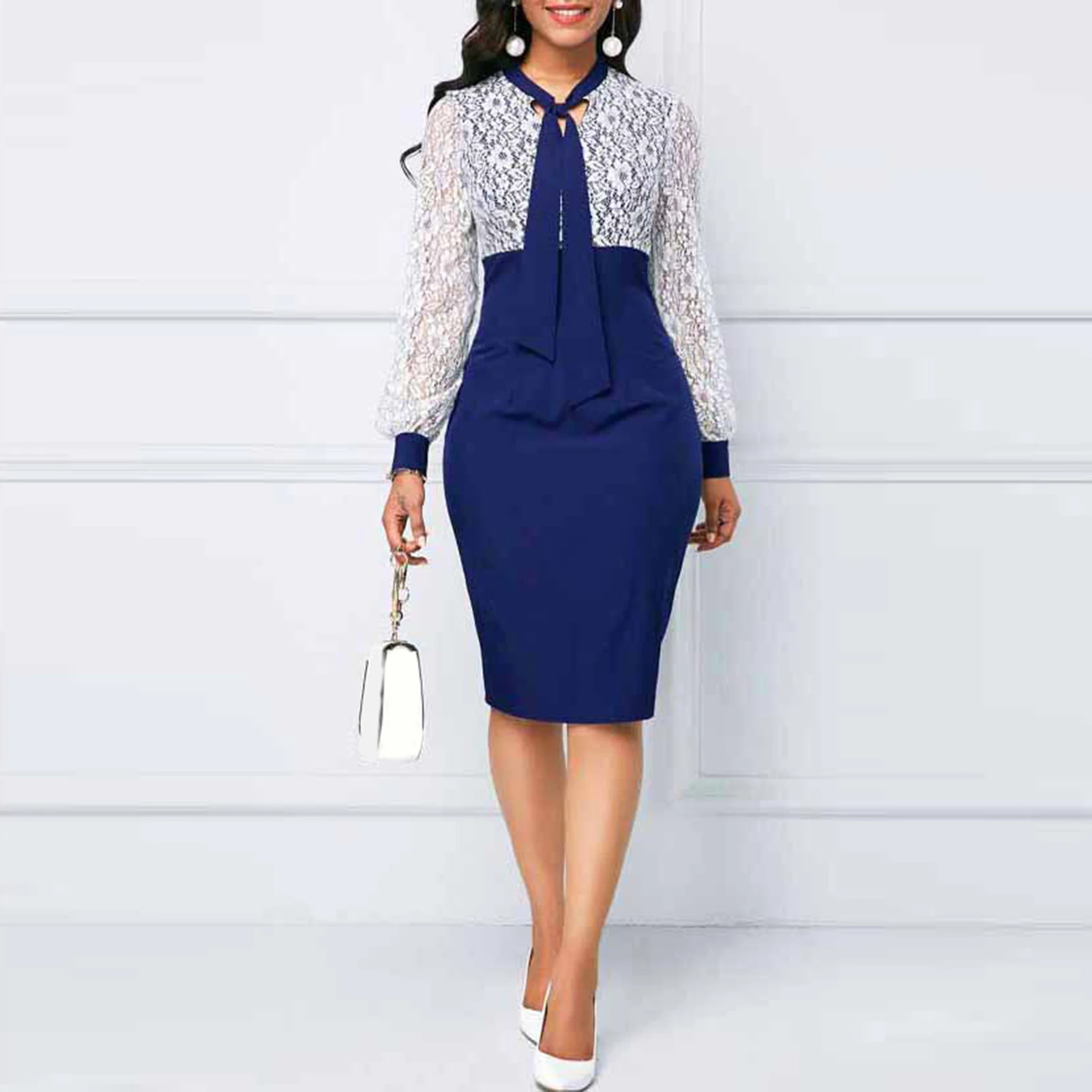 

Midi Dress Stylish Long Sleeve Dress Lace-up Pencil Spring Autumn Lace Patchwork for Prom