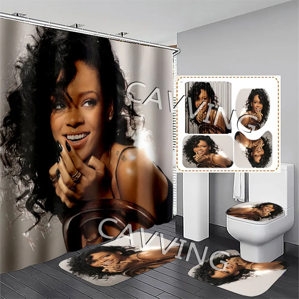 

Singer R-Rihanna 3D Printed Shower Curtains Waterproof Bathroom Curtain Anti-slip Bath Mat Set Toilet Rugs Carpets F02