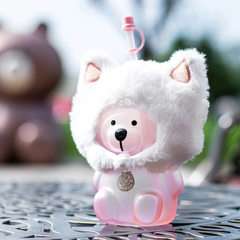

600ml Cat Head Cover Bear Straw Cup Bear Cold Drink Glass Cute Large Capacity Water Cup