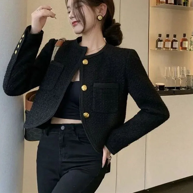 

Woolen Black Jackets Women Korean Style Single-Breasted Pockets Long Sleeve Blazers Woman Temperament All-Match Coat 2023