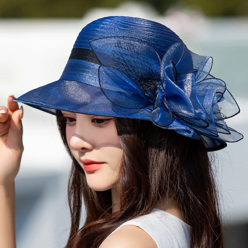 

2023 New Organza Flower Sun Hats Ladies Wedding Party Floppy Summer Hats Church Hat for Women Anti-UV Travel Beach Hat