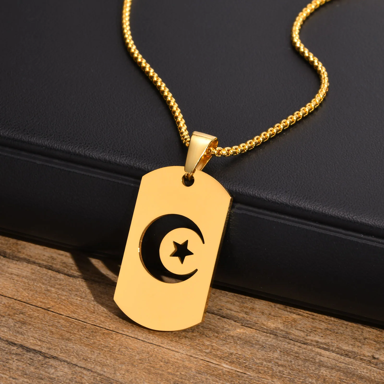 

Vnox Stainless Steel Crescent Moon Star Dog Tag Pendant Necklaces for Men Women,Islamic Muslim Religious Collar Jewelry