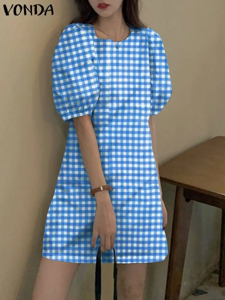 

VONDA 2022 Fashion Women Summer Short Sleeve Dress Casual Beach Sundress Female Checked Plaid Party Mini Vestidos Oversized Robe