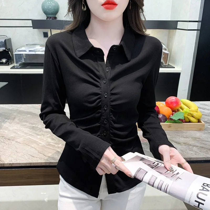 

Hikigawa Early Autumn Long Sleeve Bottoming Shirts Chic Fashion Women Casual Pleated Button Up Blouse All Match Tops Mujer