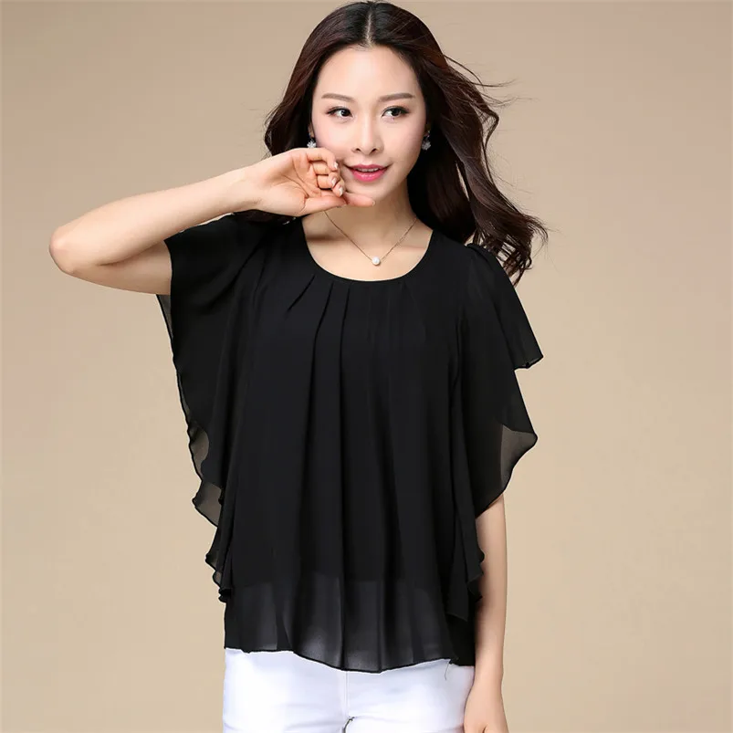 

Women Chiffon Blouse Solid Loose Shirt Fashion Summer O-Neck Batwing Short Sleeves Tops Female Shirt blusa feminina