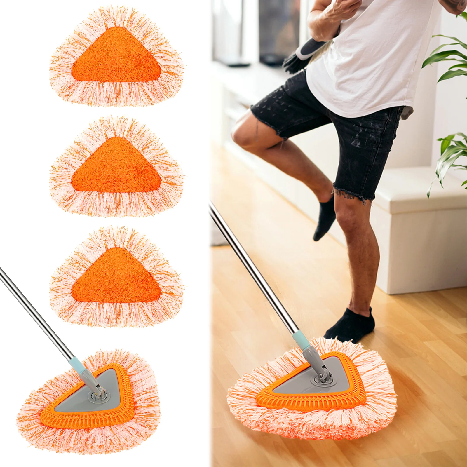 

Triangle Floor Mops Set 360° Rotatable Microfiber Wall Mops with 3 Replaceable Mop Pads Reusable Washable Cleaning Mops Set Wet
