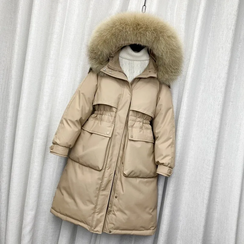 New Women Fox Fur Collar Down Jacket Casual Style Autumn Winter Long Coats And Parkas Female Outwear