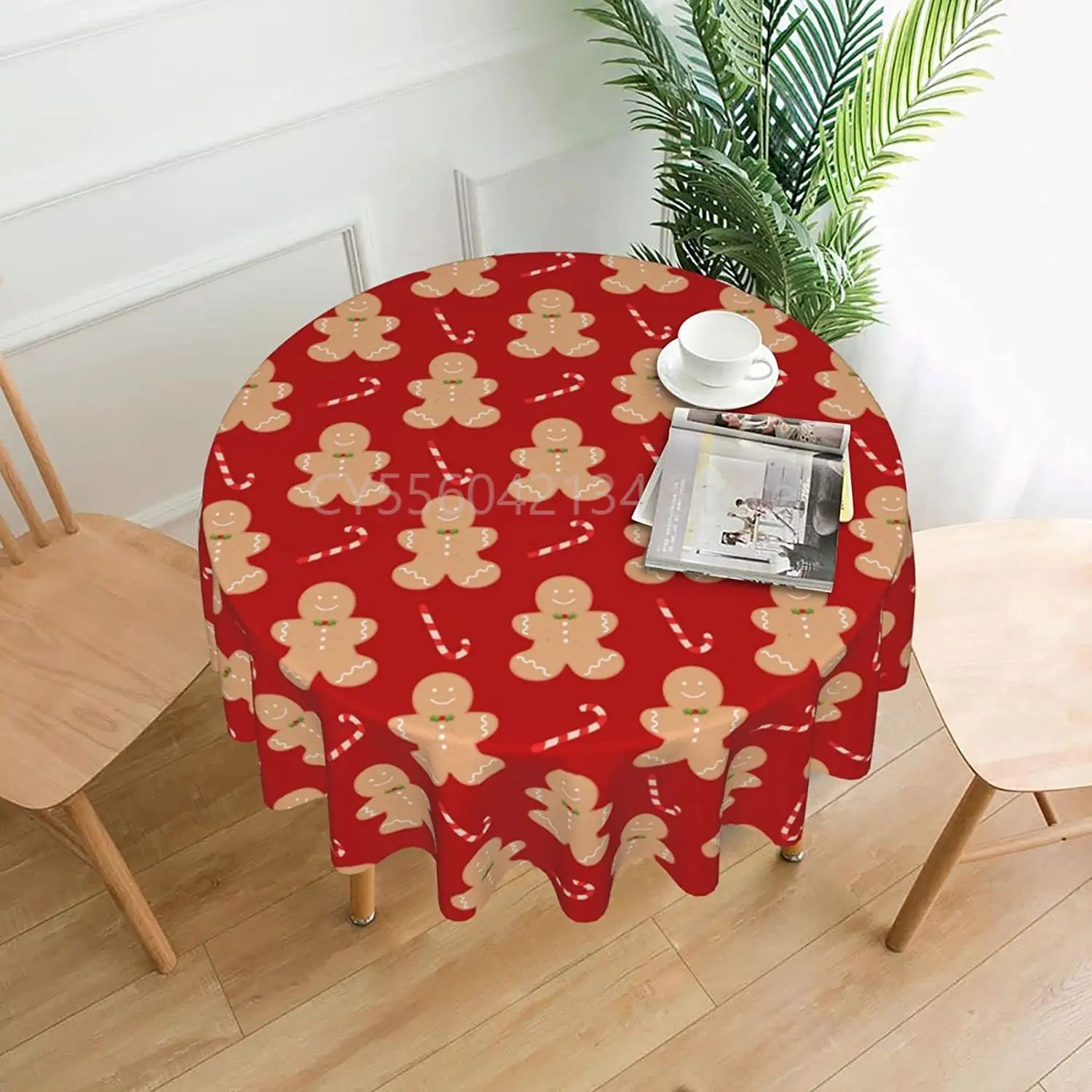 

Tablecloth Christmas Red Gingerbread Candy Round 60 x 60 Inch Table Cover Polyester Stain and Wrinkle Resistant Table Cloth