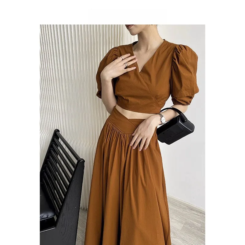 

Summer Elegant Women Skirt Sets Retro Office Lady Outifits Puff Sleeve Top A Line Skirts Korean Fashion Sweet Hepburn Suit