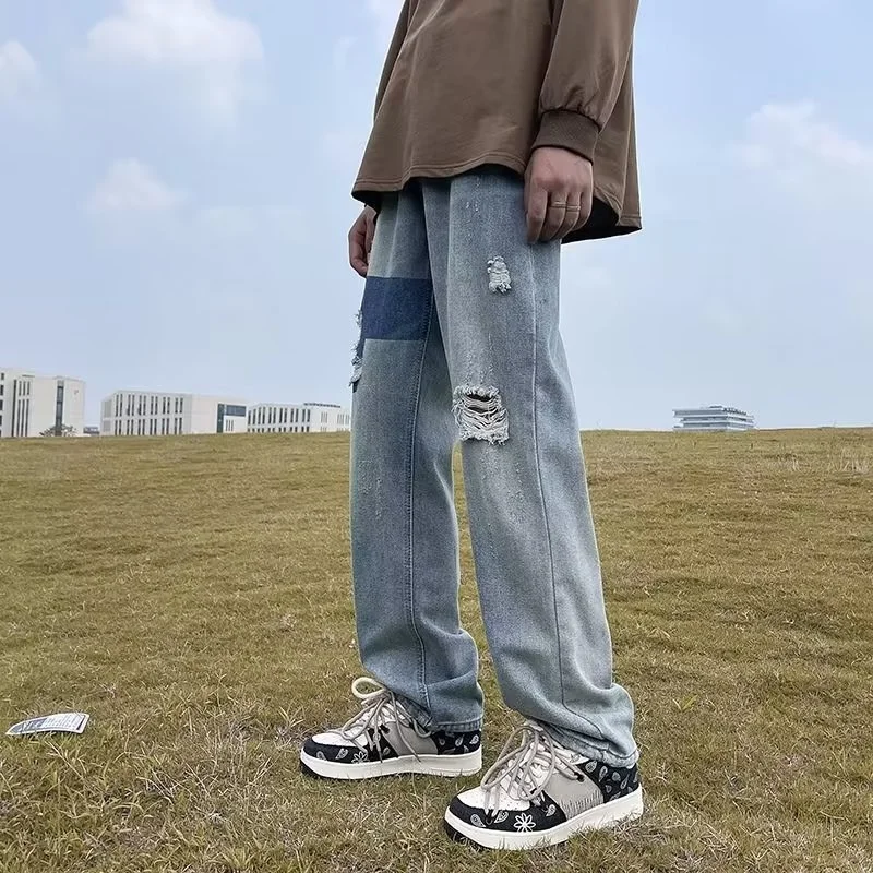 Summer Blue Ripped Jeans Men Fashion Retro Straight Jeans Men Streetwear Hip-hop Loose Hole Denim Pants Mens Trousers S-3XL