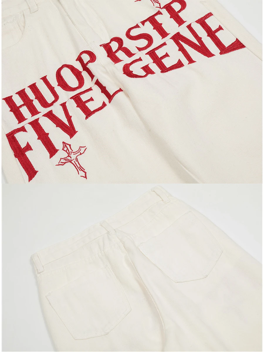 Four Seasons Men's Jeans Trend Letter Embroidery Straight High Street Loose Wide Leg Trousers Fashion Streetwear Ins Hot Sale