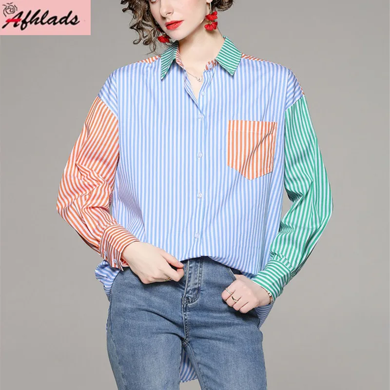 

Spring New Casual Loose Contrast Striped Shirt Autumn Single Breasted Turn-Down Collar Office Lady Women Elegant Blouse
