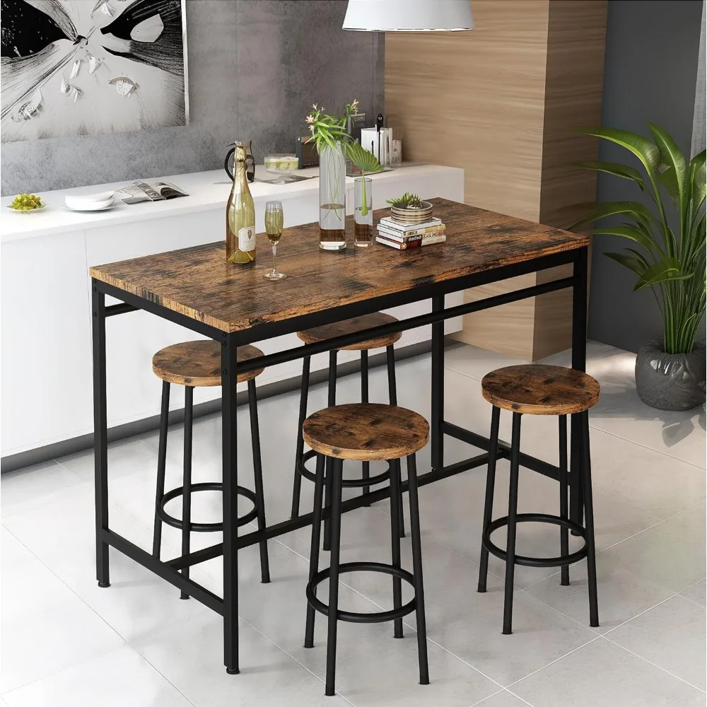 

4 Seat Table Set, 4 Persons Kitchen Table and Chairs, Bar Table with Stools, 47 Inches, Country Brown