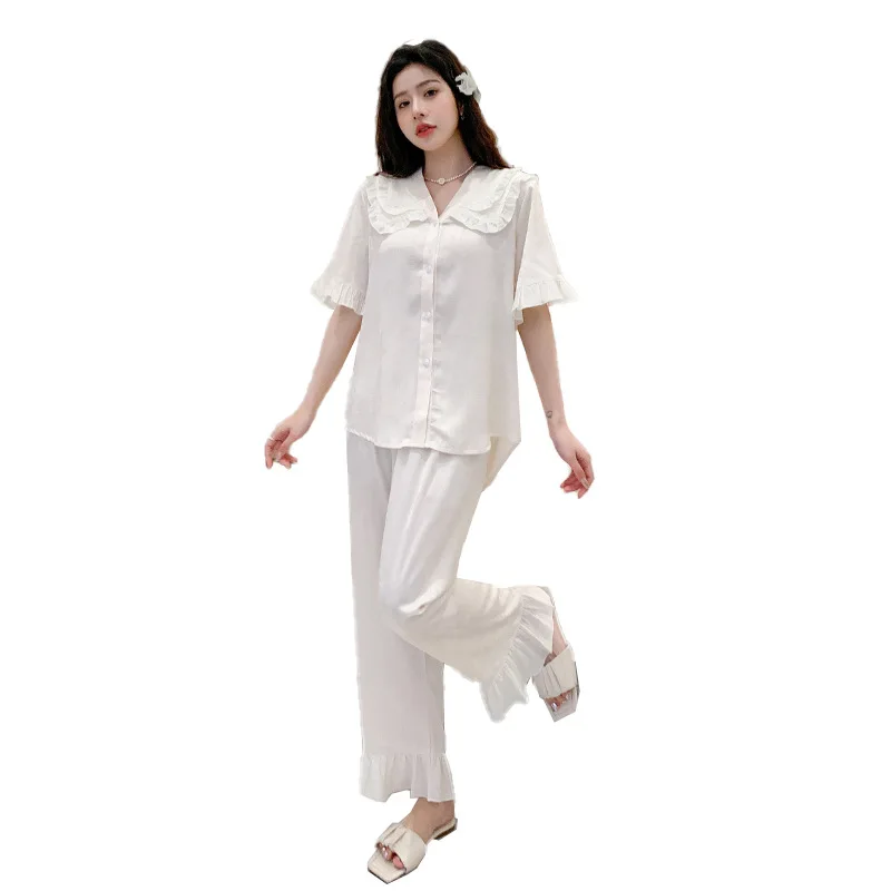 Pajamas for Women's Spring and Summer Thin Cool Short-sleeved Trousers Suit Breathable High-end Home Service Can Be Worn Outside