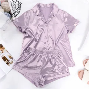 Stain Silk Pijamas Women 2 Piece Set Summer Short-sleeved Single-breasted Lapels Shirts Casual Loose Shorts Loungewear Woman Pjs