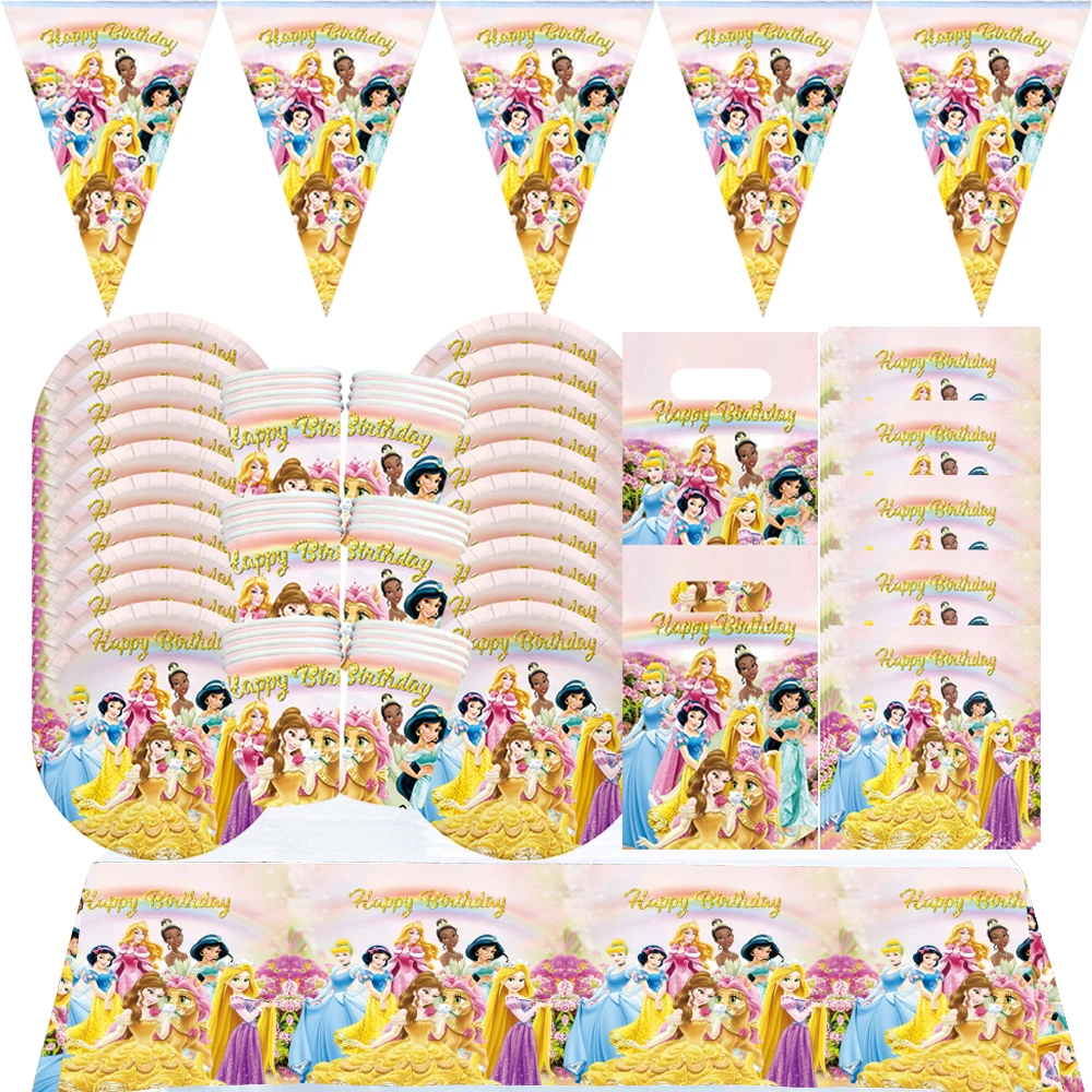 

Disney Princess Happy Girl Child Birthday Theme Party Decoration Set Party Supplies Cup Plate Banner Gift Bag Cake Decor Balloon