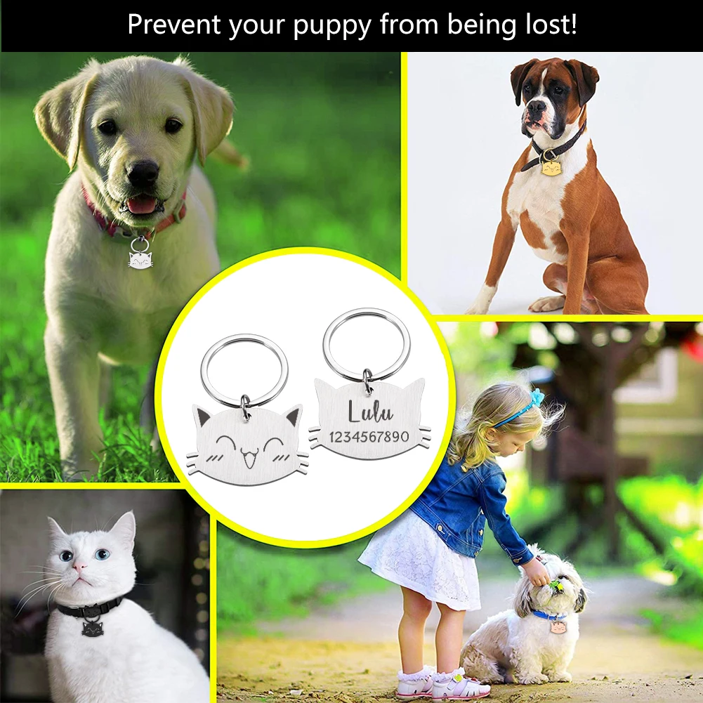 Personalized Pet ID Tags Cute Cat Face Collar Accessories Name Tags ID Collar Pendant Customized Free Engraved Anti-lost Tag images - 6