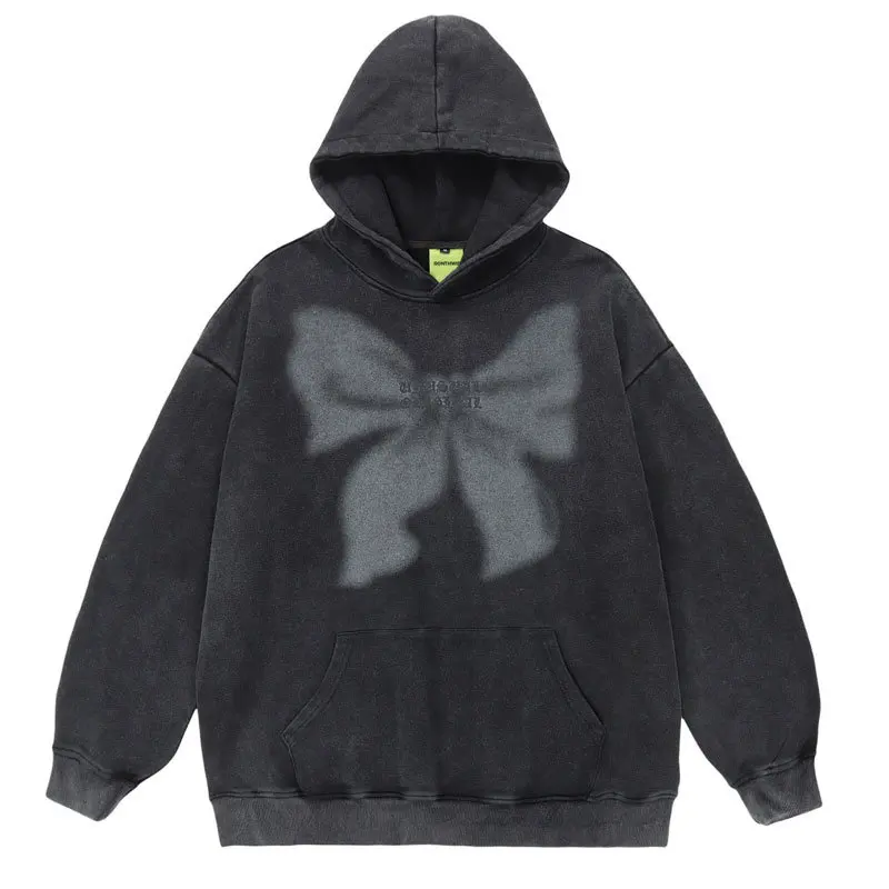 

Vintage Hoodie Streetwear Sweatshirt Hip Hop Retro Bow Print Distressed Wash Pullover Hooded Harajuku Casual Loose Cotton Hoodie