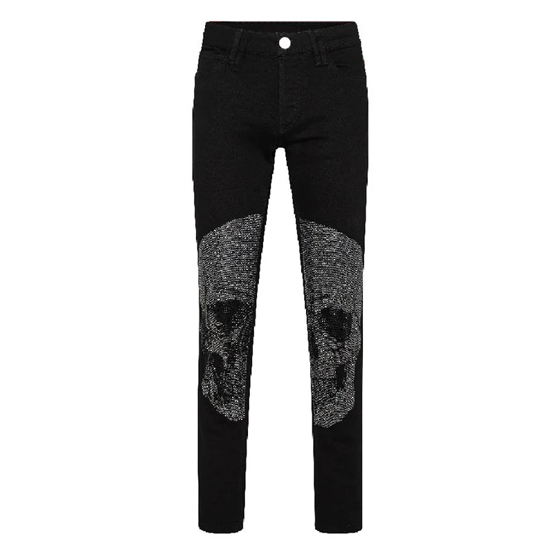 Men's Stretchy Black Jeans Skinny Hot Drill Punk Streetwear Biker Pants Rhinestone Hole Slim Fit Denim Pencil Trousers For Man