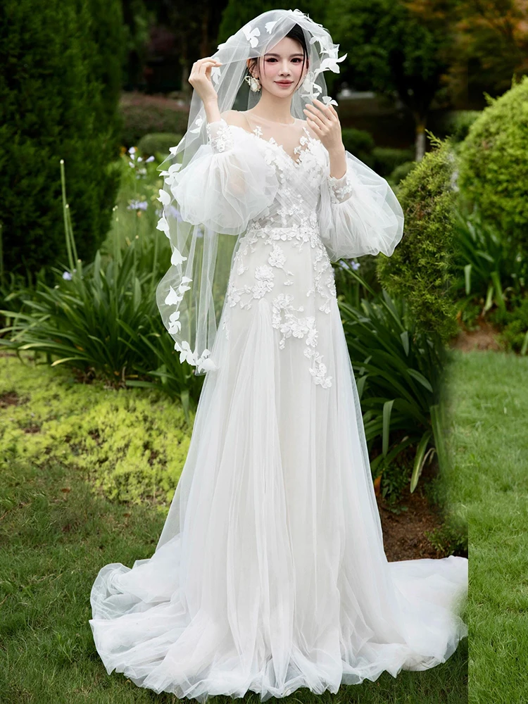 French sle off-Shoulder Light Wedding Dress Mori look Immortal High-Grade Lace Long sleeve Welcome Formal Bri...