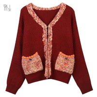 100 cotton long sleeve cardigan fall 2022 new women french clash striped v neck pocket trim loose fashion red knitted jacket