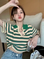 vintage striped thin knit sweater t shirt women polo collar short short sleeve top 2022 summer fashion casual ladies clothing