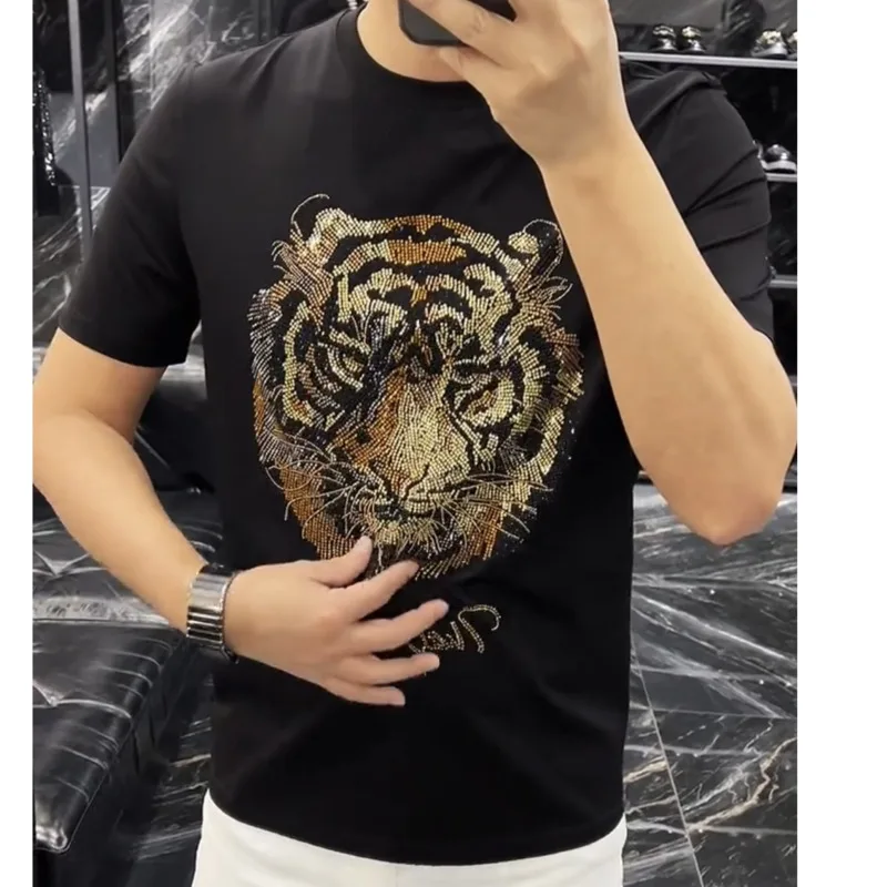 

Fashion Diamond Heavy Industry Tiger Head T-shirt Mens High Quality Summer TShirt Men Short Sleeve Streetwear Casual O-Neck Tee