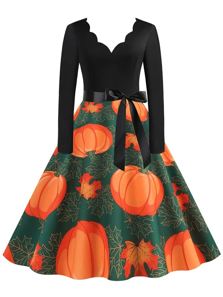 

Women Pumpkin Print Halloween Dress Spring Autumn Long Sleeve V Neck Vintage Evening Party Costumes