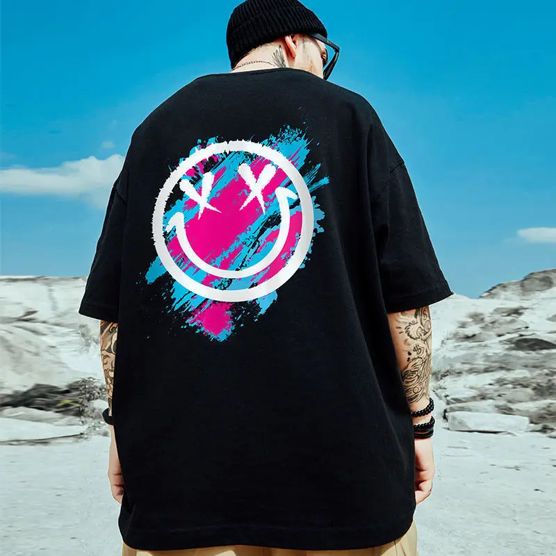 

Hip Hop Oversized T-Shirt Men Smiley Print Harajuku T-Shirt Couple Losse Fashion Punk Retro Half Sleeve T-Shirt Teen Tops Y2k