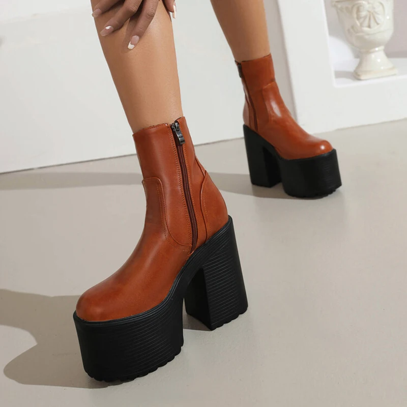Side Zipper Women Thick Sole Short Boots Block Medium Heels Shoes Round Toe High Platform Booty US Size 11 Pumps