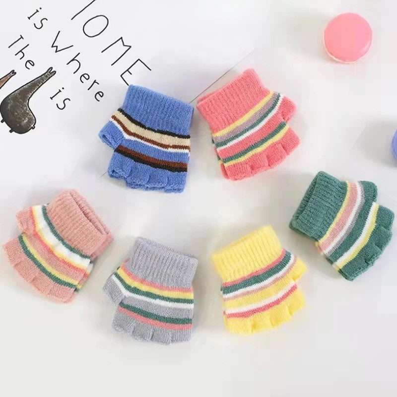 

2023 New Children's Open Finger Autumn and Winter Gloves Baby 0-3 Year Old Boys and Girls Striped Half Finger Warm Gloves