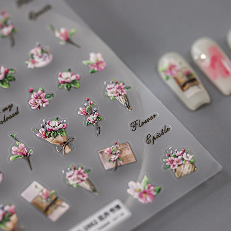 

5D Realistic Relief Pink Floret Flowers Bouquet Epistle Letter Adheisve Nail Art Stickers Decals Manicure Charms Suppliers