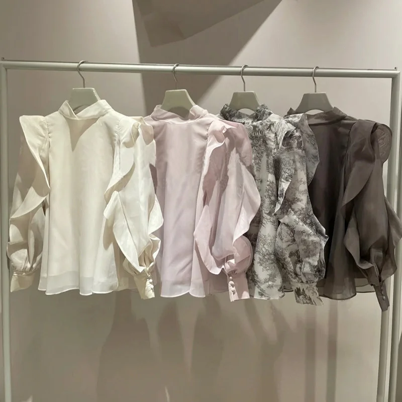 

2022 Early Spring New Women Tops Elegant Sweet Blouses Stand Collar Ruffled Long Sleeve Back Bowknot Lace Up Shirts