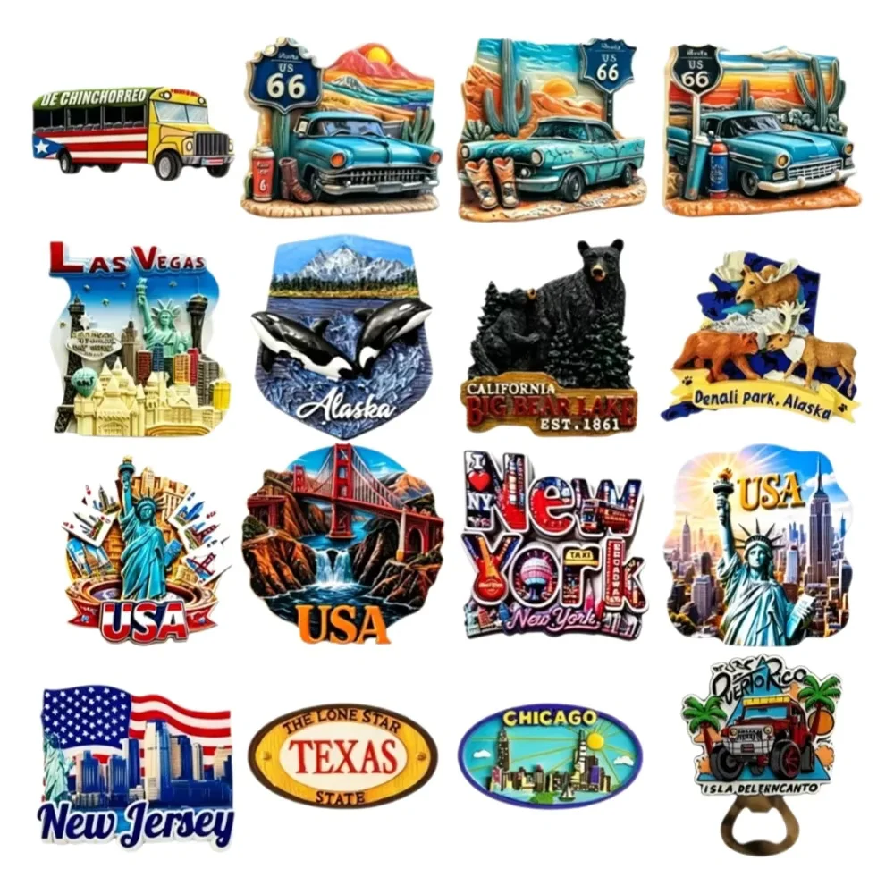 Фото Магнит на холодильник из 3D-смолы (США): Route 66, Нью-Йорк, Аляска, Техас, Чикаго. Сувенир, наклейка на холодильник, декор для дома, подарок. №1