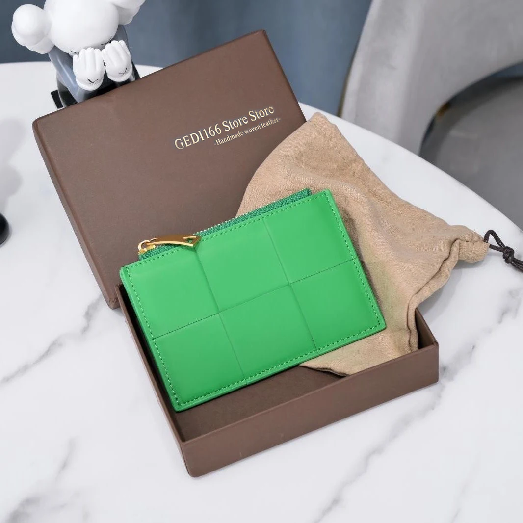 Men's Card Holder Luxury Brand Women Zipper Purse Green Genuine Leather Wallet Simple Large Woven Coin Purse 2022 New