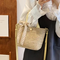 cute lace bow straw crossbody bags for women casual straw woven womens shoulder bag summer braid handbags for women beach bag
