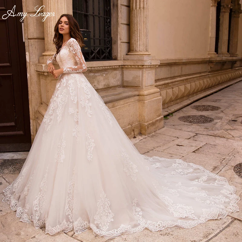 

AmyLvager Gorgeous Appliques Court Train A-Line Wedding Dress 2023 Romantic Scoop Neck Lace Up Full Sleeve Princess Bridal Gown