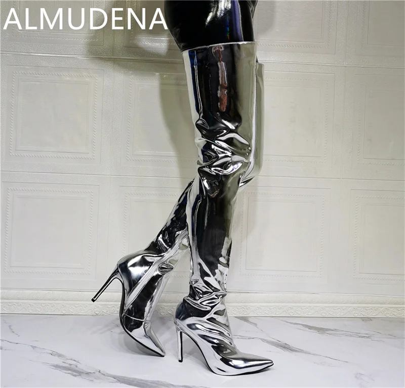 Winter Over The Knee Long Boots Patent Leather Silvery Side Zip Shoes Winter Women Shoe Pointed Toe Super High Heels Modern Shoe