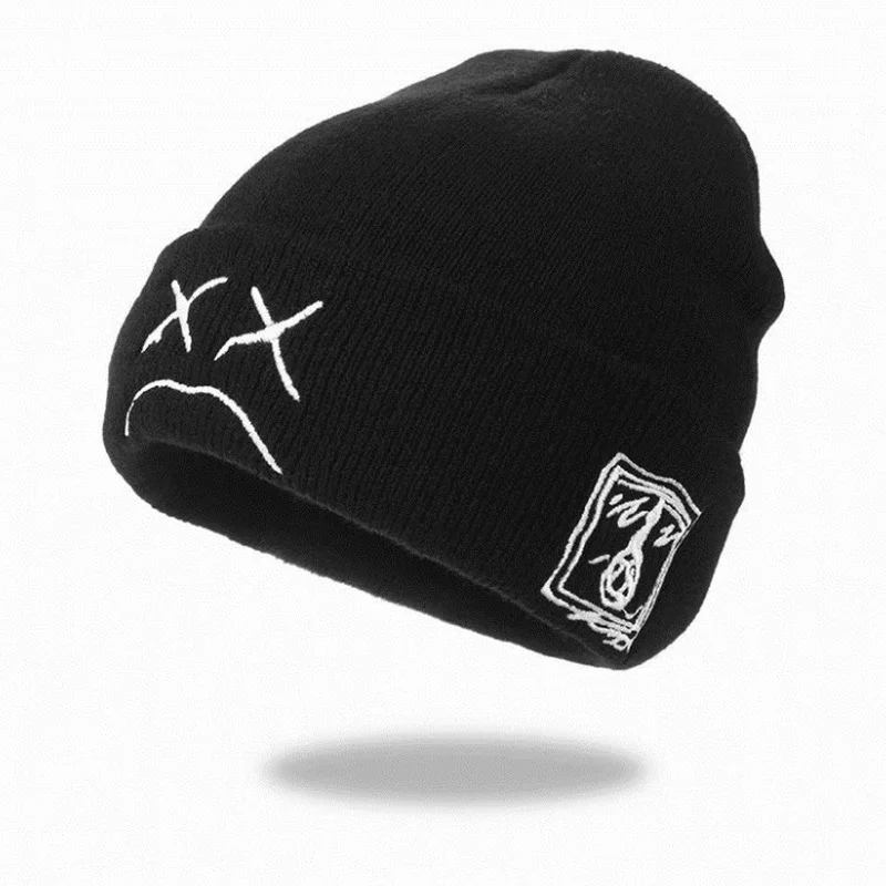 

Embroidery Beanie Cap Sad Boy Face Knitted Hat for Winter Hip Hop Beanies Fashion Ski Hats Unisex Hot Sale