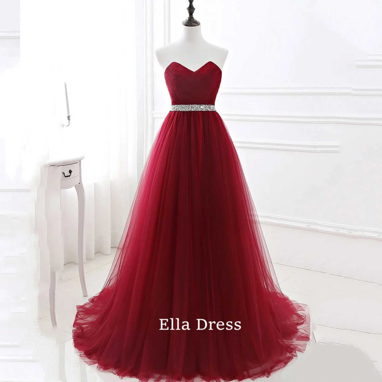 

Ella Simple Women's Burgundy Evening Dress Formal Tulle Dress Sweetheart Neckline Sequin Beaded Prom Graduation Party Dress Gown